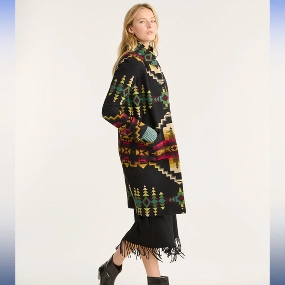 Archive Jacquard Wool Blend Collared Long Sleeve Button Up Coat